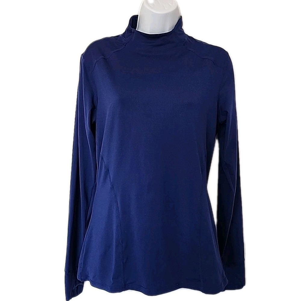 Fabletics Long Sleeve Mock Turtleneck Shirt Navy Blue Rear Zip Pocket Women's M